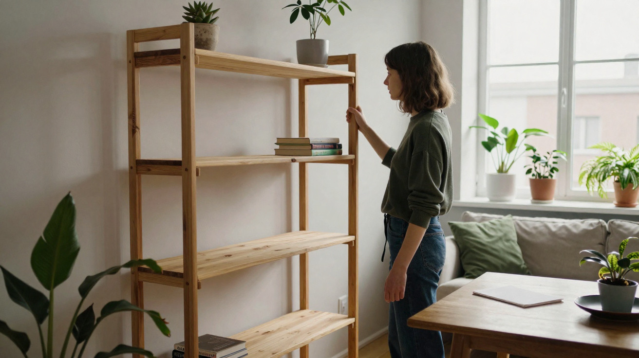 Woman arranging books on a wooden shelf in a bright living room with plants and a window.
