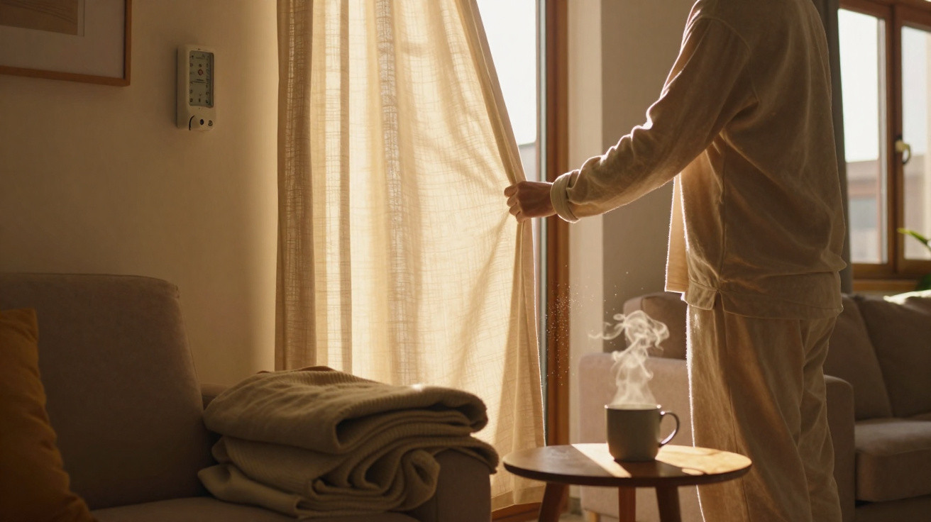 Person in loungewear opening cream curtains in a sunlit room with a steaming mug on a small wooden table.