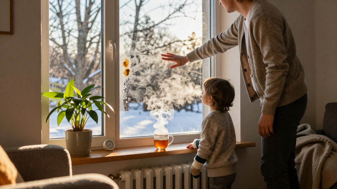 Adult and child drawing on a steamy window with a hot drink on the windowsill on a cold day.