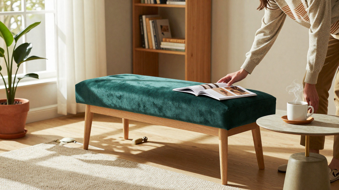 Person placing a steaming cup on a small table beside a green velvet bench in a sunlit room.