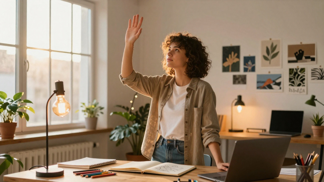 Young woman with curly hair reaching up towards the light in a cosy, plant-filled workspace at sunset.