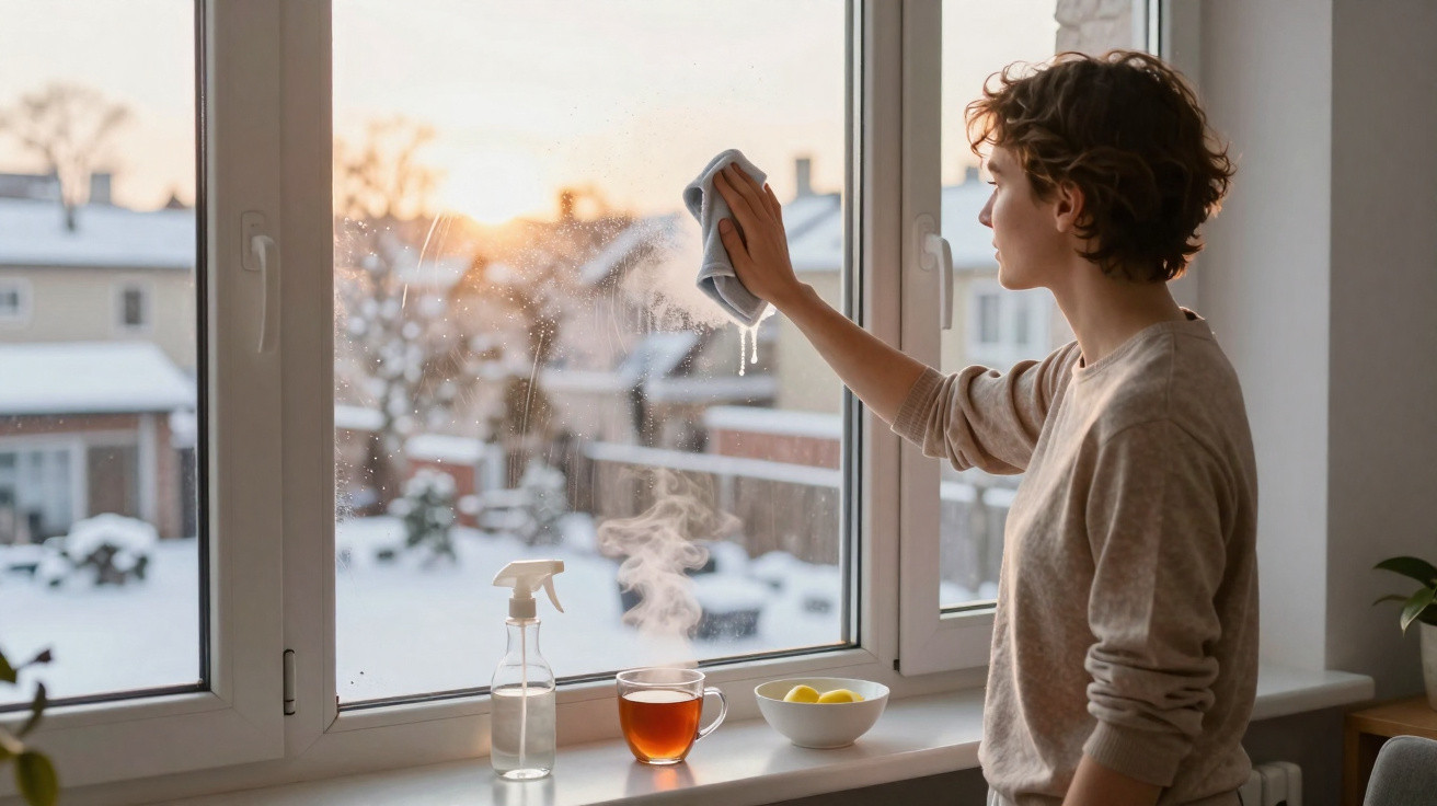 Person cleaning a window at sunrise with a cloth, steam rising from a cup of tea on the windowsill.