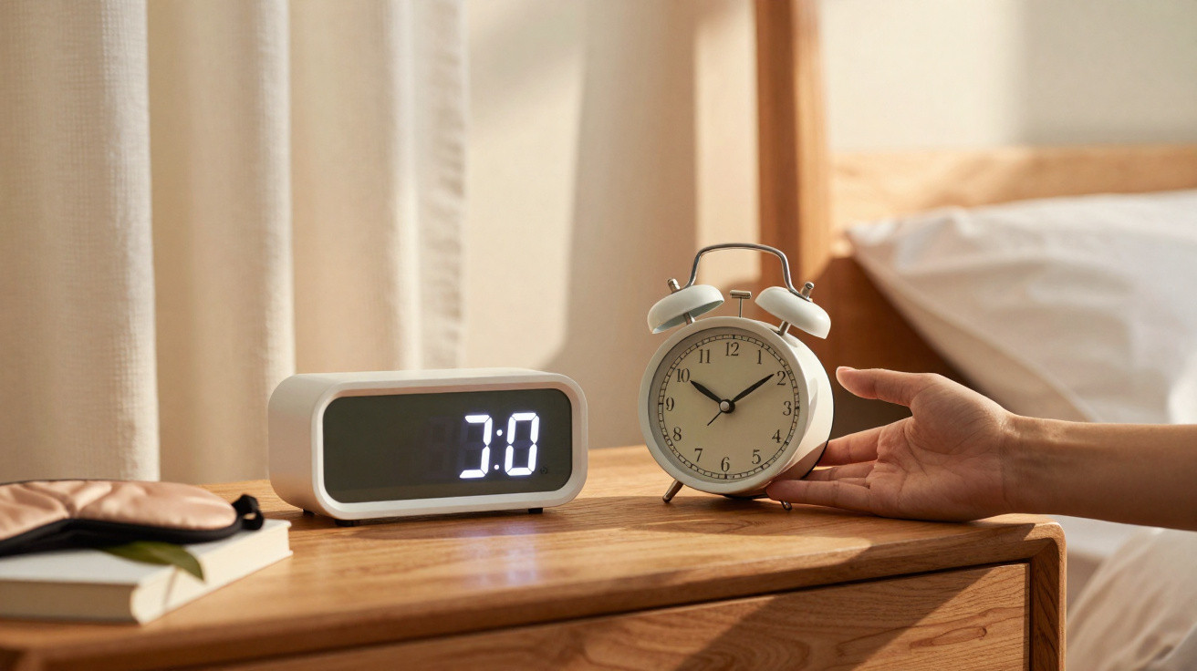 Hand reaching to turn off a white analog alarm clock on a wooden bedside table with a digital clock showing 3:0.