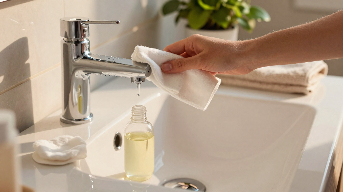 Hand wiping chrome faucet dripping water over a bottle on a white bathroom sink with towels in background.