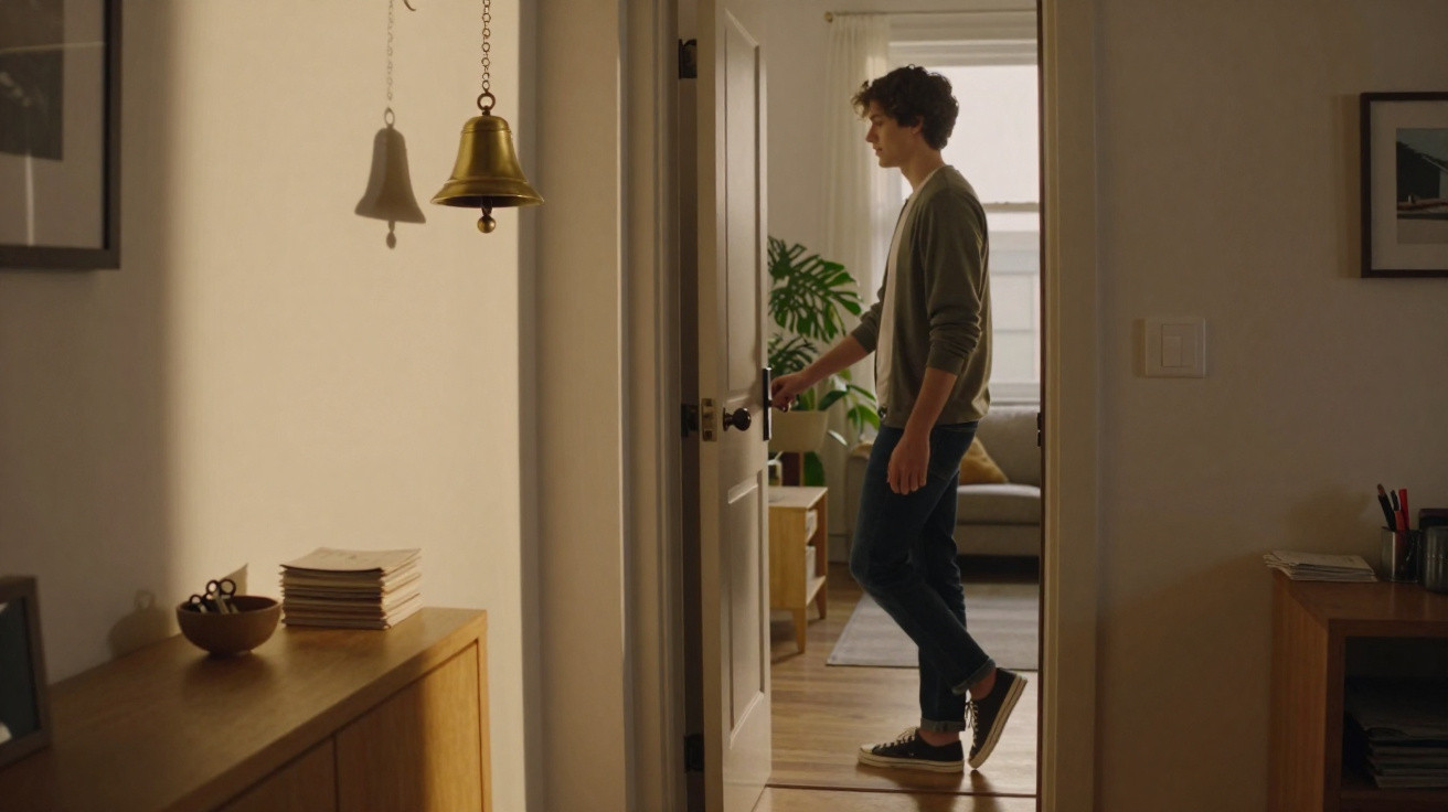 Young man opening a door to a bright living room with houseplants and a sofa in a cosy home interior.