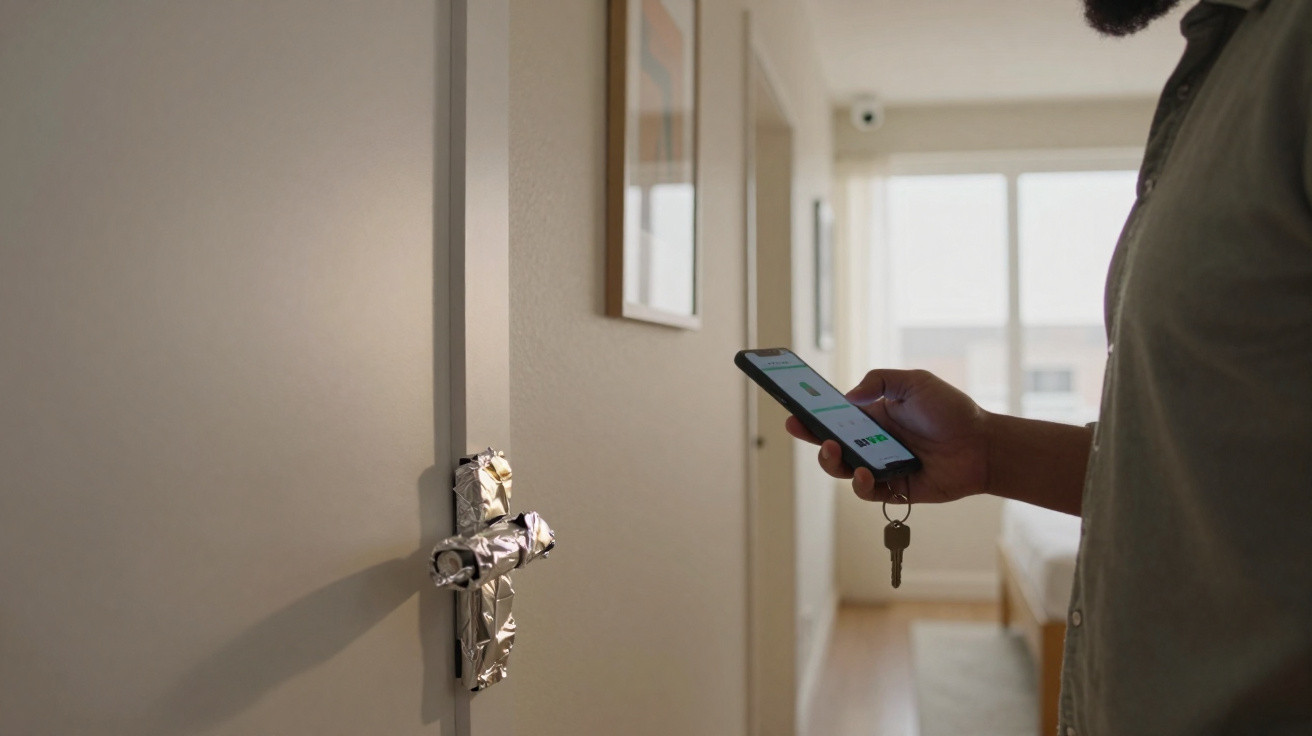Person holding a smartphone with digital key app near door handle wrapped in aluminium foil inside a home.