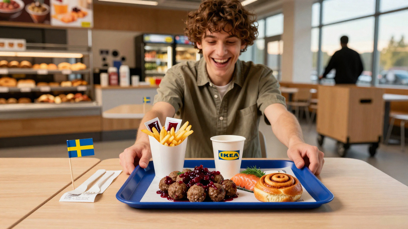 Young man smiling at a tray with Swedish meatballs, fries, cinnamon bun, salmon, and IKEA cup in a restaurant.