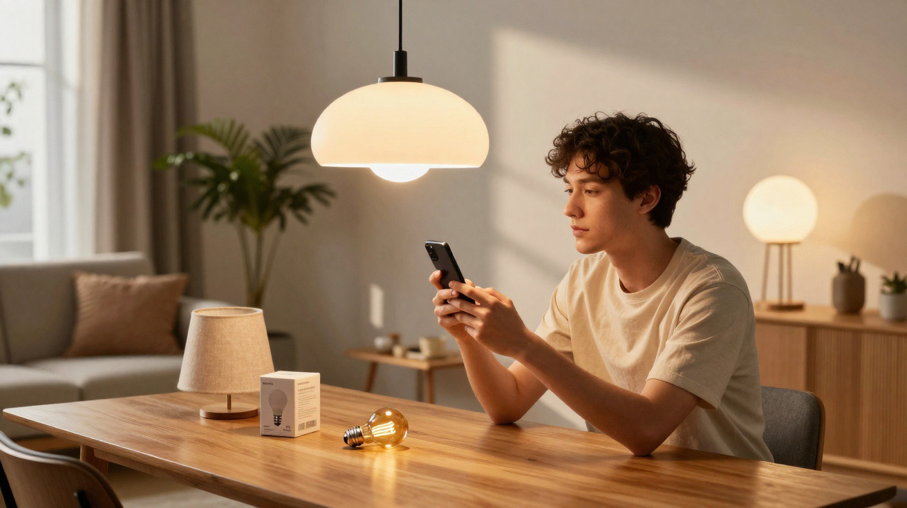 Young man sitting at wooden table using smartphone with lit pendant lamp above in cozy modern living room.