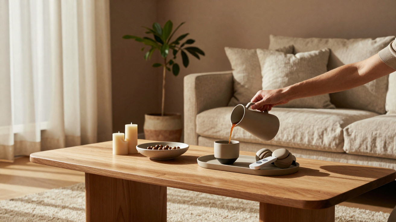 Hand pouring coffee into a cup on a wooden table in a cosy living room with sofa and plant.