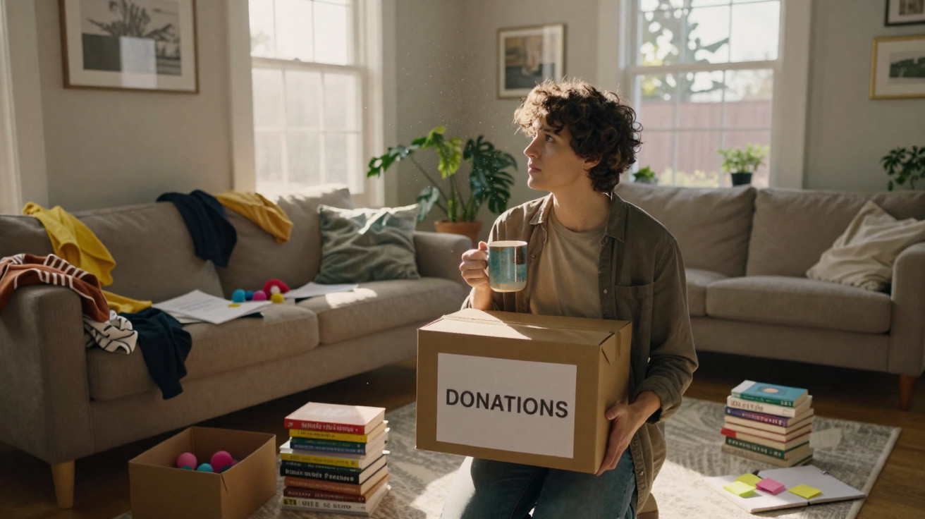 Person sitting on the floor with a donations box and holding a mug in a sunlit living room with books and cushions.