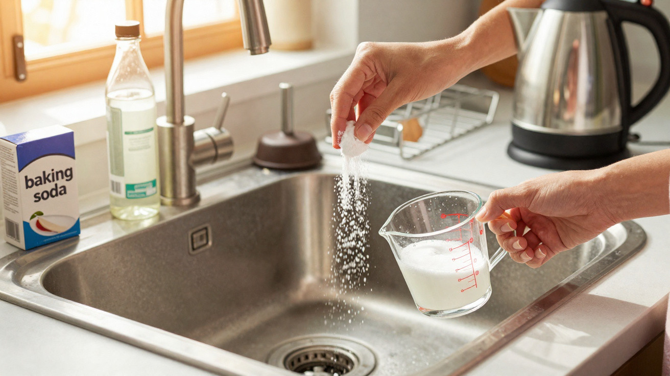 Person pouring baking soda into a measuring jug filled with liquid over a kitchen sink.
