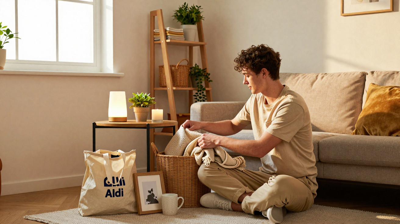 Young man sitting on the floor folding a blanket beside a wicker basket in a cosy living room.