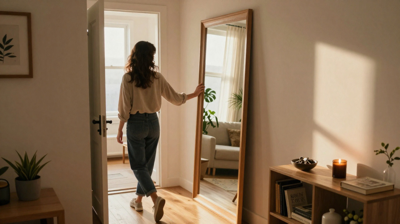 Woman walking towards a large mirror in a warmly lit, cozy living room with plants and wooden furniture.