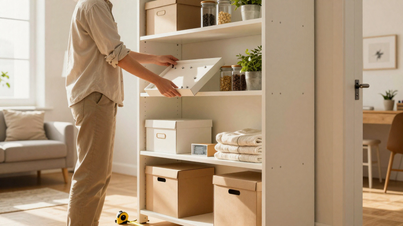 Person assembling or adjusting a white shelving unit in a bright, organised living space.