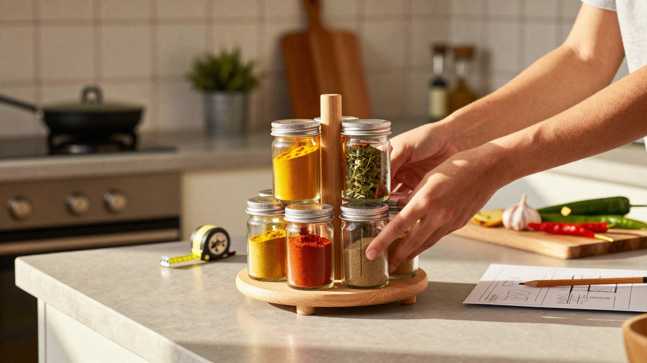 Person organising glass spice jars with colourful powders on a wooden carousel in a kitchen.