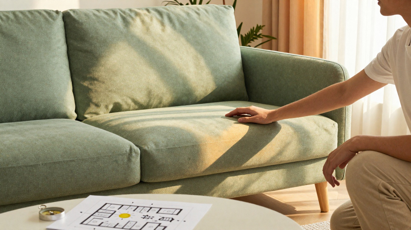 Person touching a green sofa in a sunlit room with a floor plan on the table nearby.