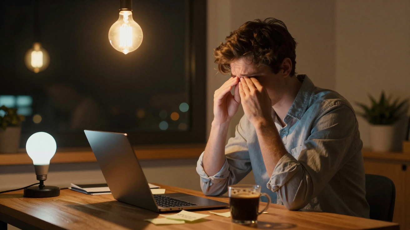 Young man in a blue shirt rubbing his eyes, sitting at a desk with a laptop and coffee at night.