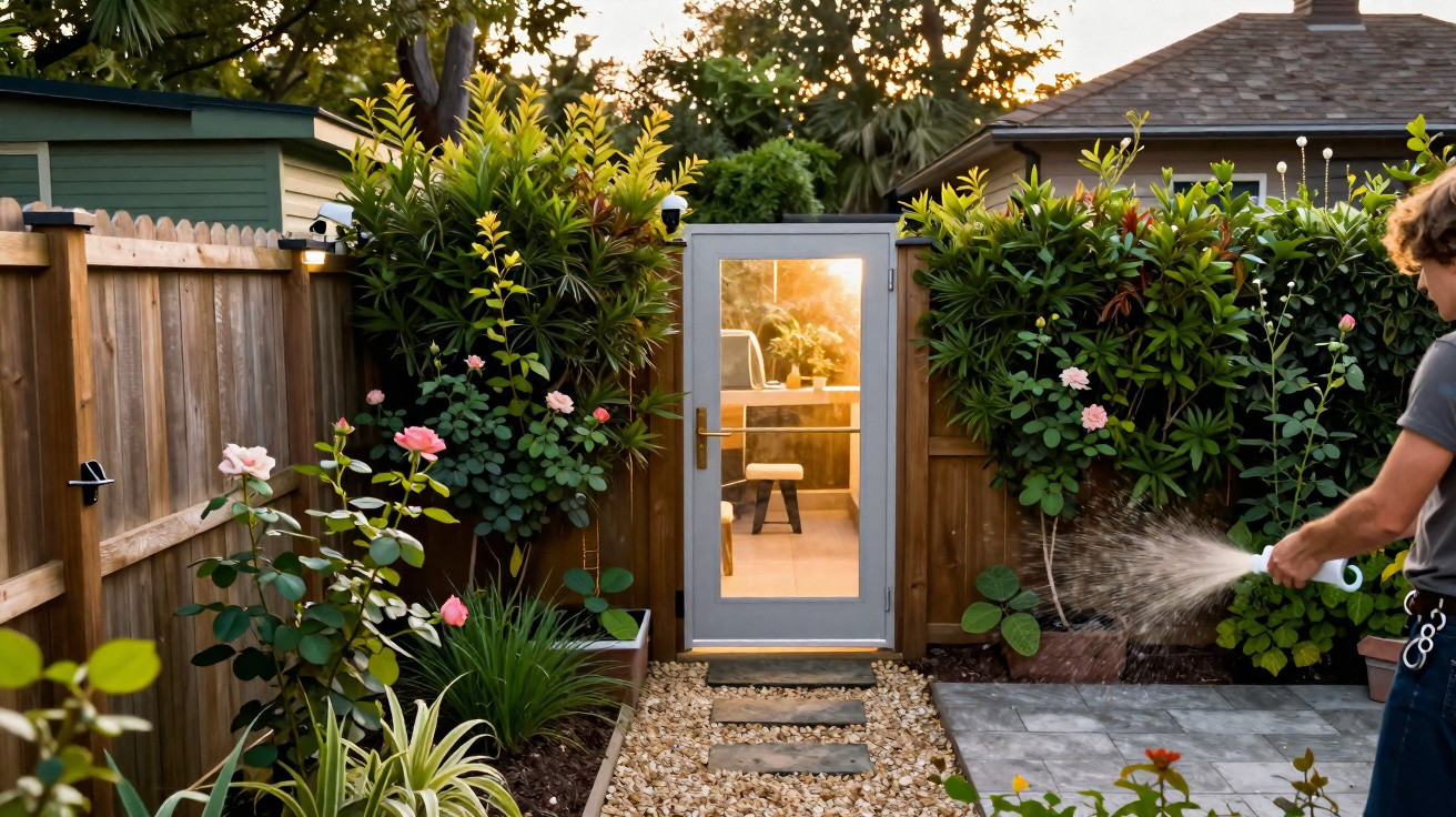 Person watering plants in a small, well-maintained garden with flowers and a glass door at sunset.