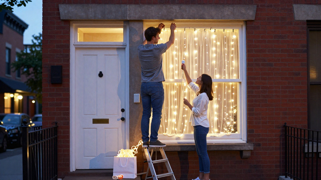 Couple hanging fairy lights on a window outside their brick house at dusk with ladder and bag on steps.