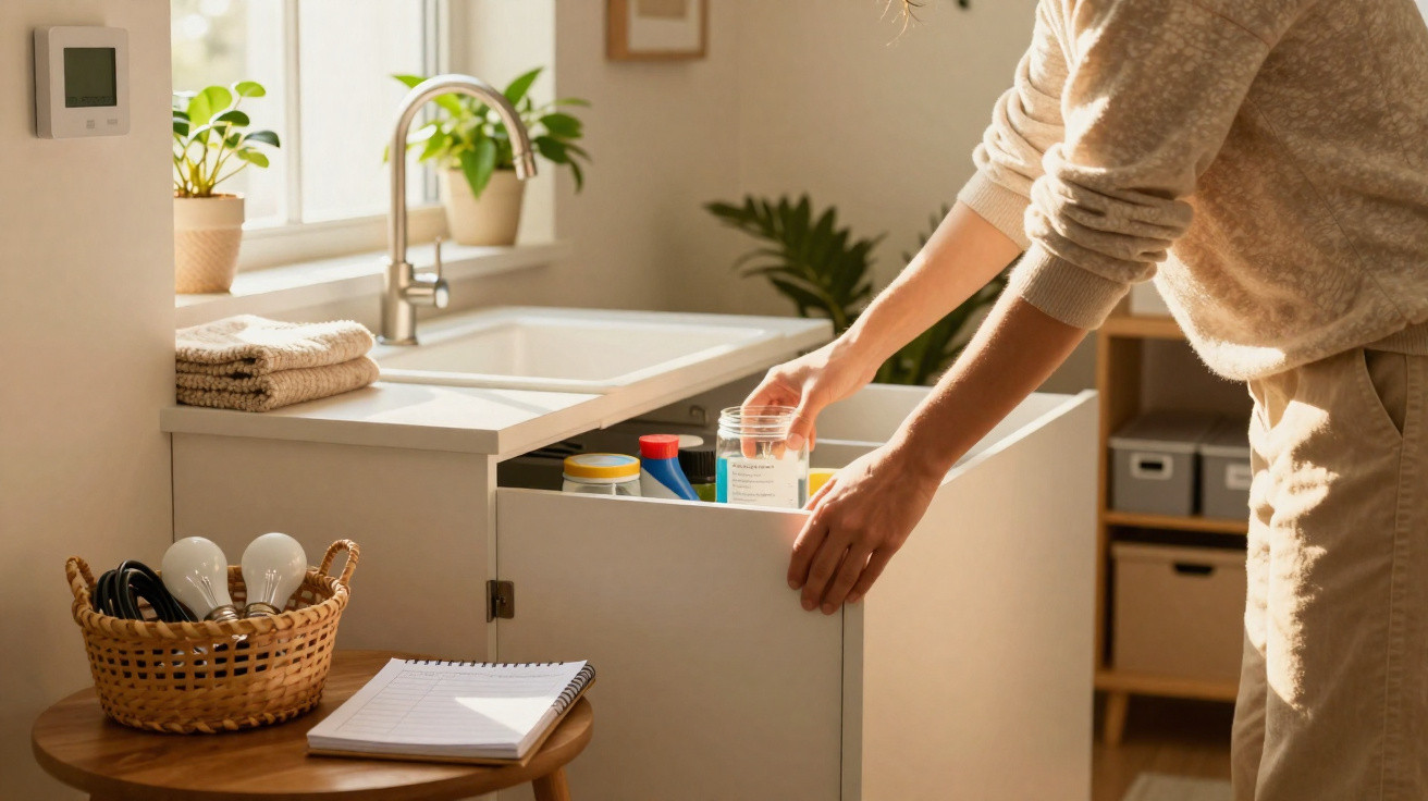 Person reaching into a kitchen cabinet under the sink with cleaning supplies in a sunlit room.