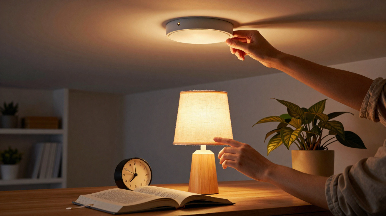 Person turning on ceiling light above a wooden table with a lit table lamp, open book, clock, and potted plant.