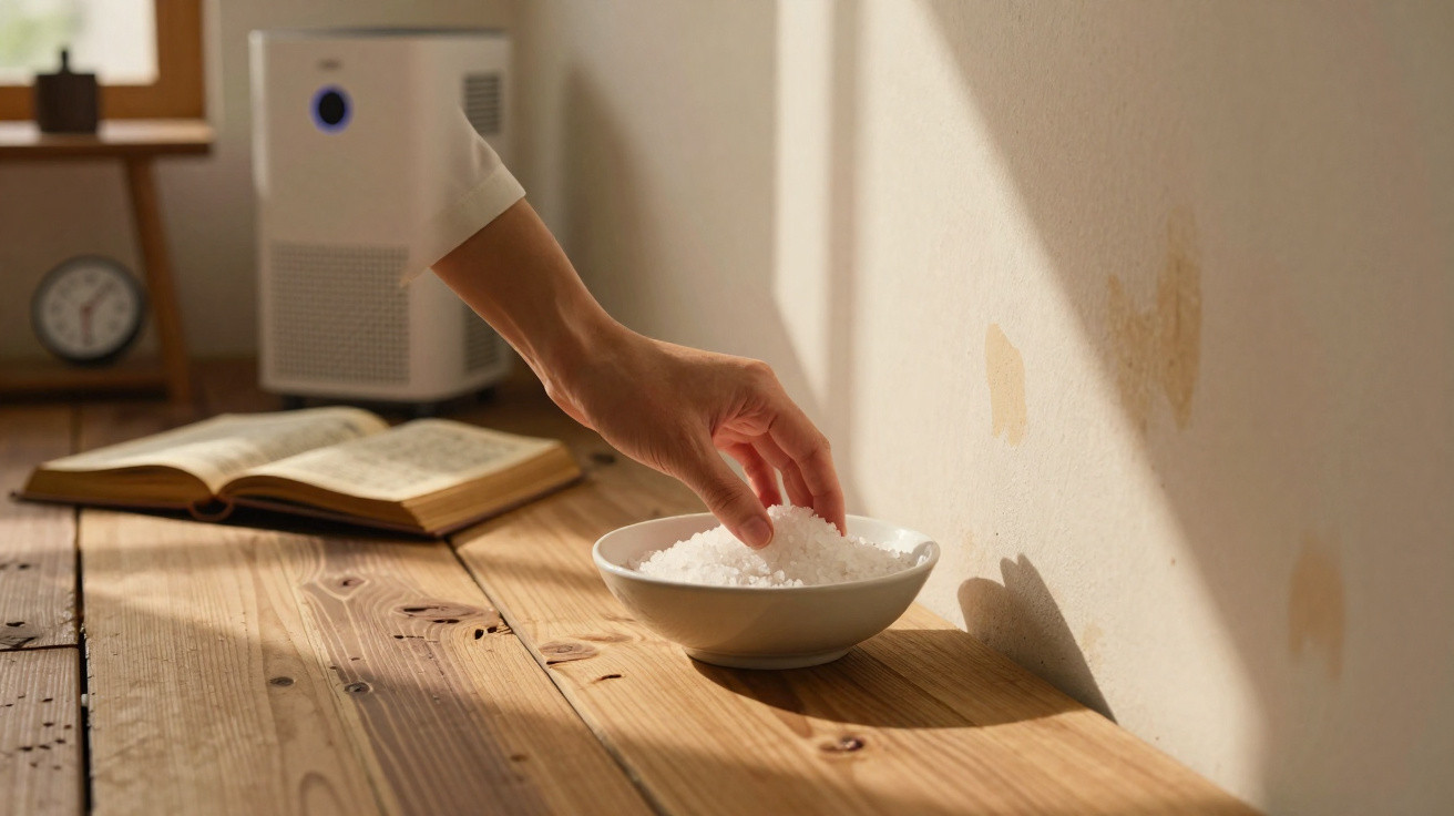 Hand reaching into a bowl of salt on a wooden table with an open book and air purifier in the background.