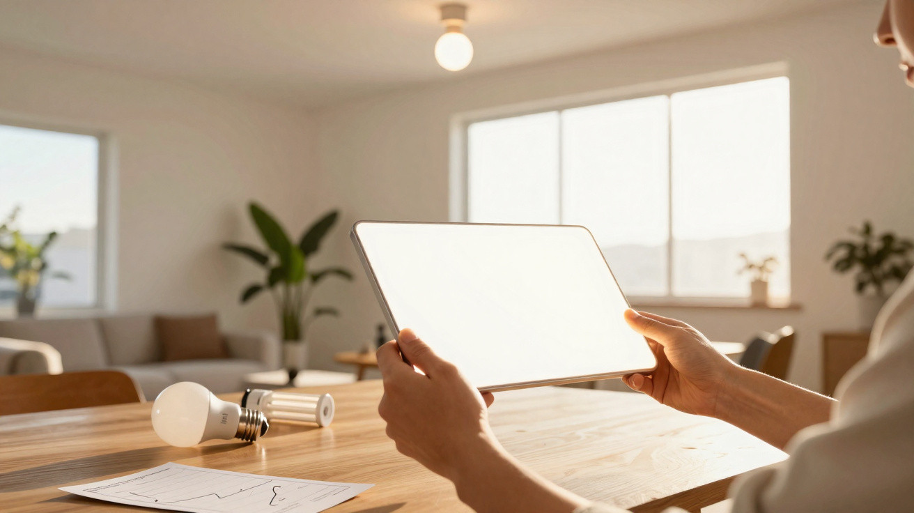 Person holding a blank digital tablet in a bright room with light bulbs and papers on a wooden table.