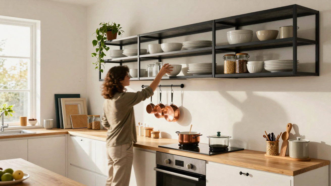 Woman reaching for bowls on open shelves in a bright modern kitchen with wooden countertops and copper pans.
