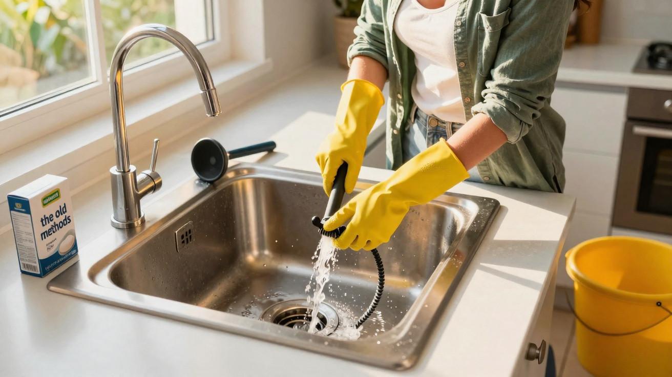 Person wearing yellow gloves cleaning a kitchen sink drain with a brush and drain snake tool.