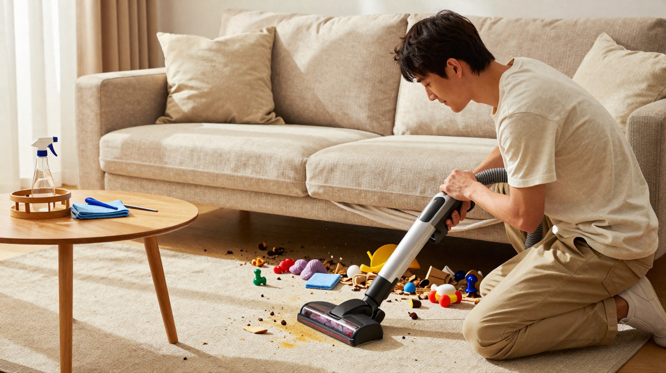 Man vacuuming colourful toys and crumbs from beige carpet in a living room with a sofa and wooden table.