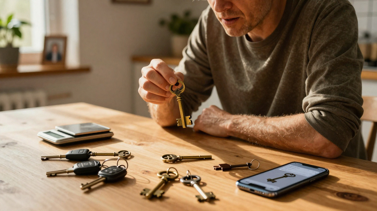 Man examining various old-style keys on a wooden table next to a smartphone displaying a key image.