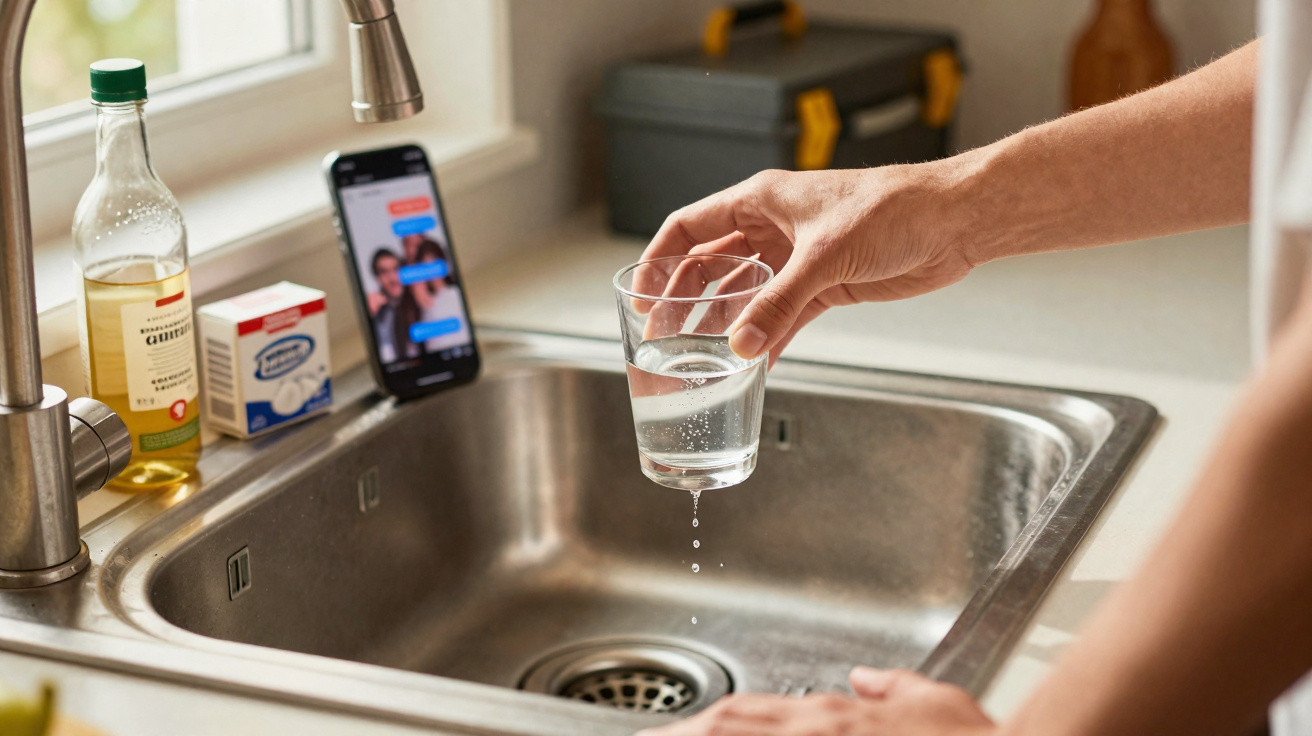 Hand holding a glass of water dripping over a kitchen sink with a phone and cleaning products nearby.