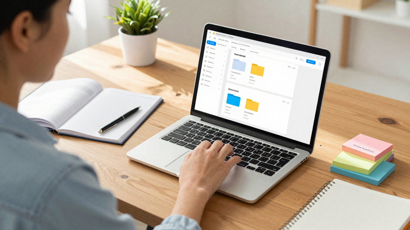 Person using a laptop displaying folders on screen at a wooden desk with notebooks and sticky notes.
