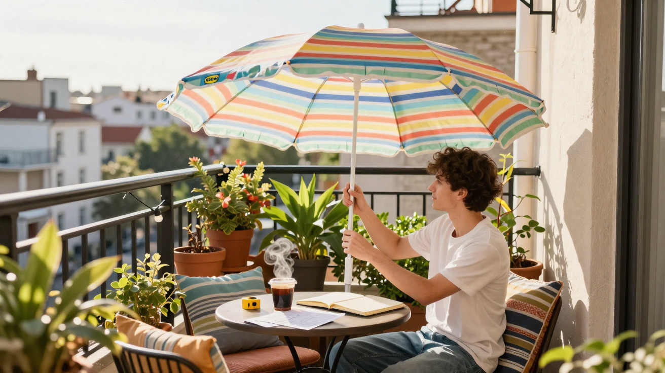 Young man adjusting a colourful umbrella on a balcony with plants, coffee, and a notebook on a sunny day.