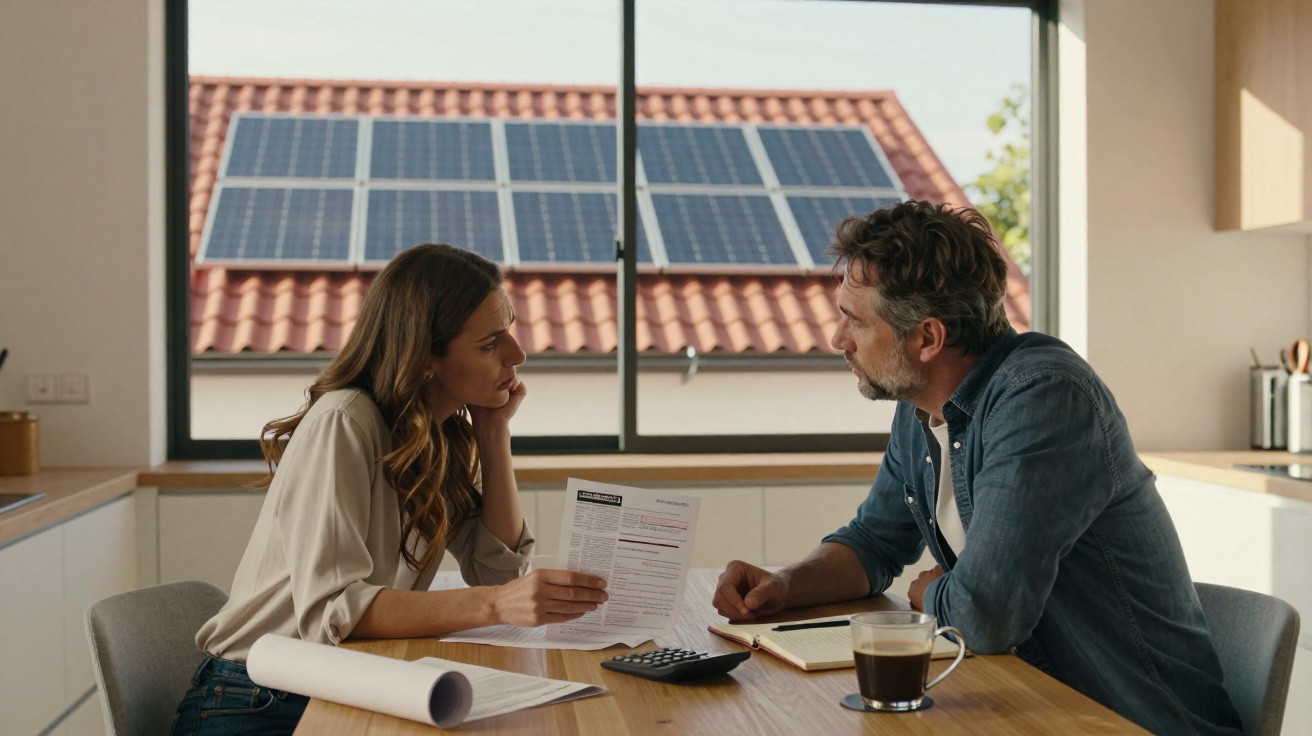 Couple discusses bills at kitchen table with solar panels visible on roof outside window.