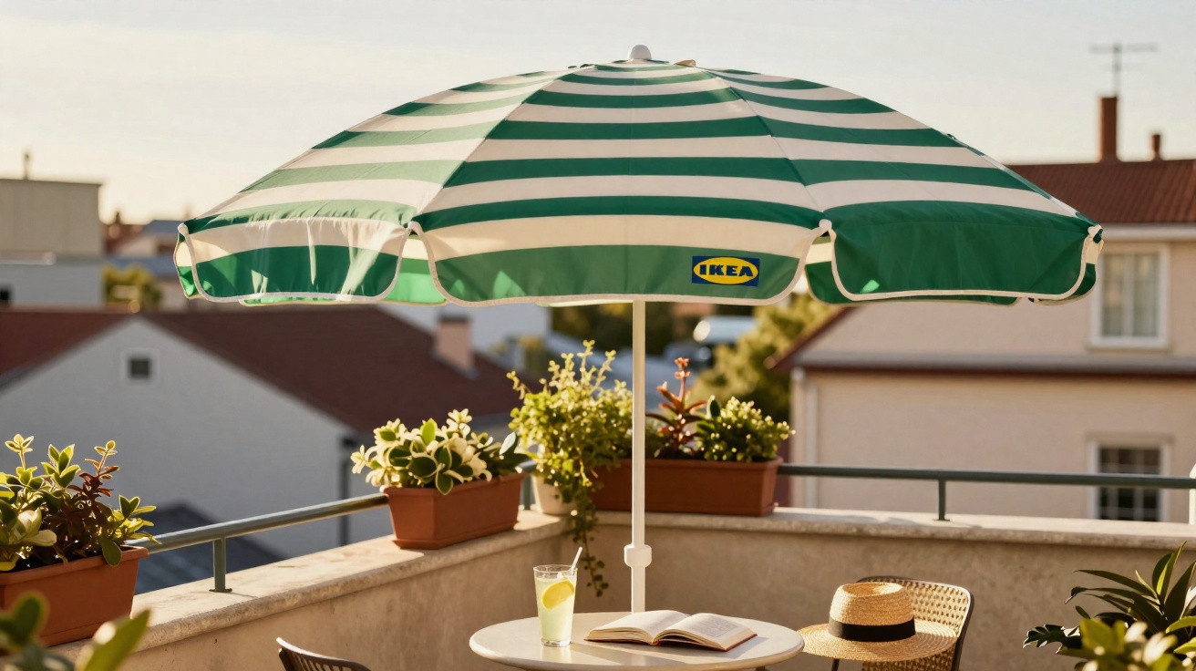 Green and white striped IKEA patio umbrella shading a small table with a book, drink, and straw hat on a sunlit balcony.