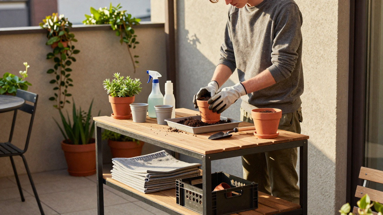 Person repotting plants on a wooden table outside on a sunny balcony with gardening tools and pots.