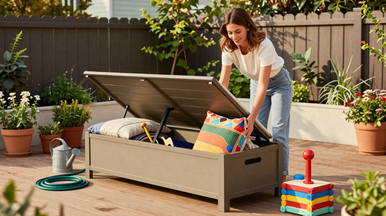 Woman organising cushions inside a grey outdoor storage box on a wooden patio with plants and toys nearby.