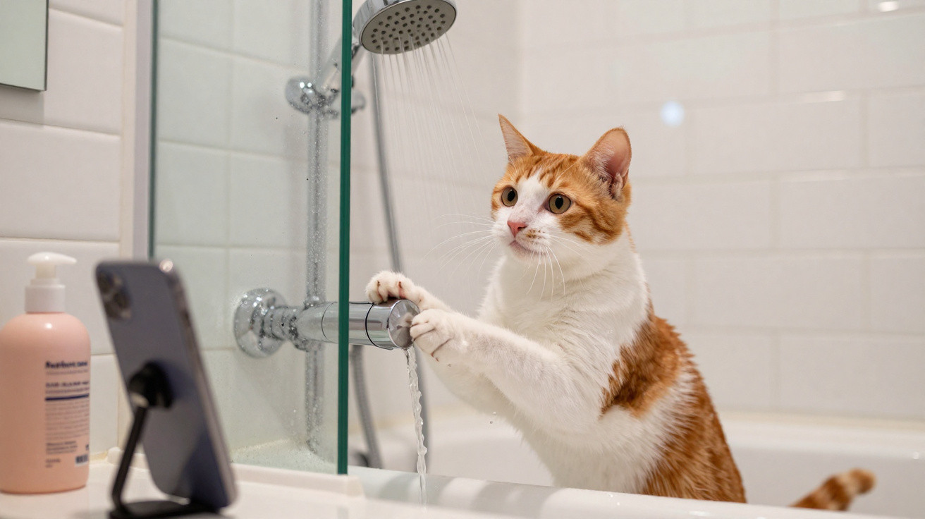 Orange and white cat standing by bathtub faucet with water running in a modern bathroom.
