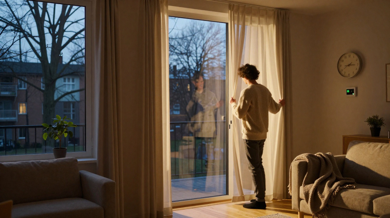 Person standing by sliding glass door at dusk, pulling back curtains, with sofas and clock in living room.