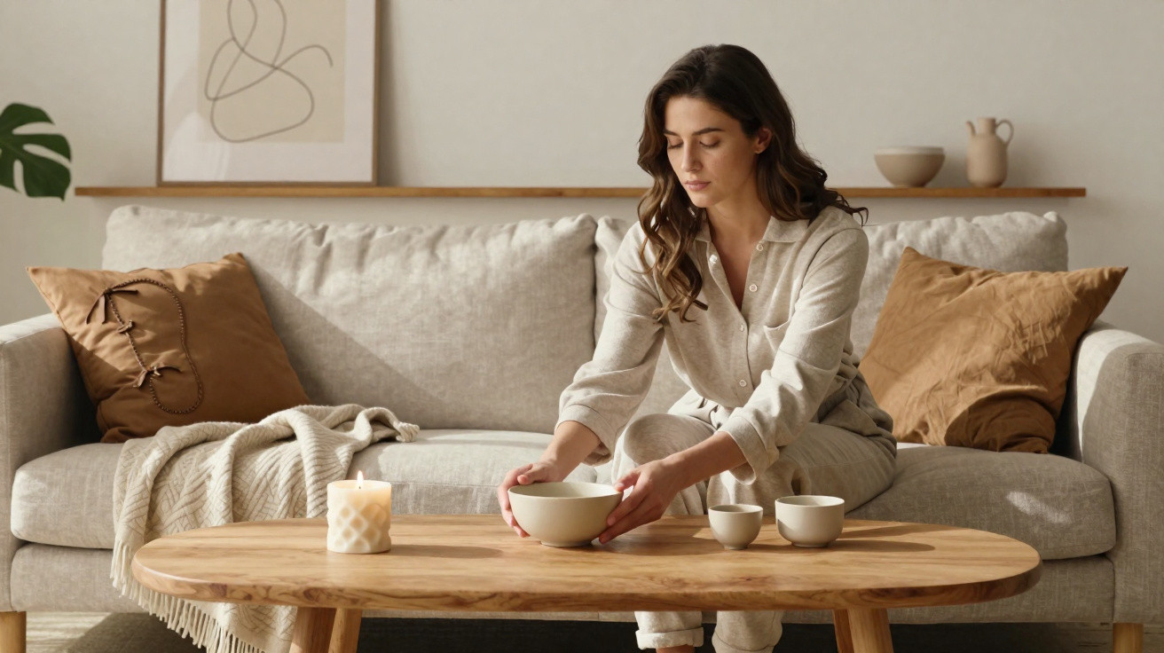 Woman placing a bowl on a wooden coffee table in a neutral-toned living room with a beige sofa and cushions.