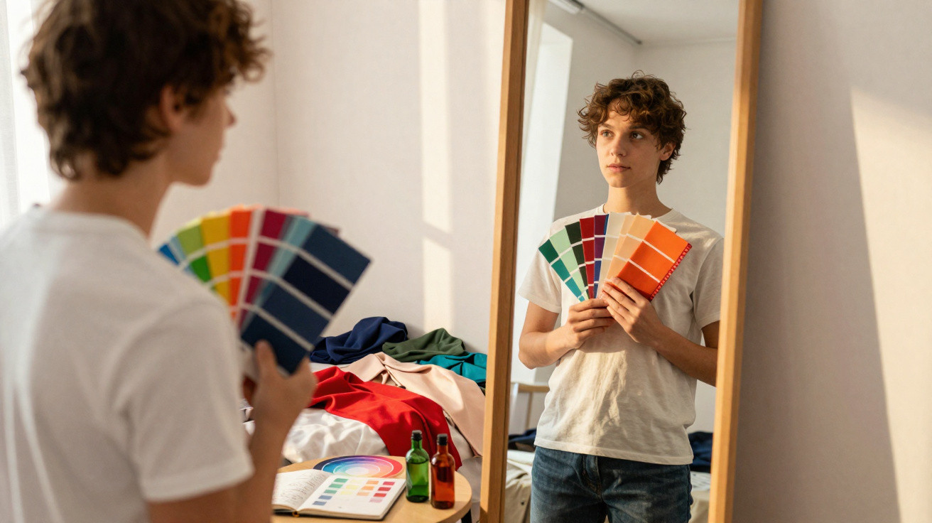 Person holding colour swatches while looking at their reflection in a mirror in a bedroom.