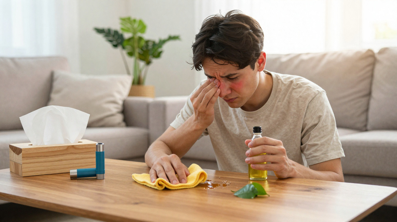 Young man with red nose wiping tears, holding medicine bottle, sitting at table with inhaler and tissues nearby.