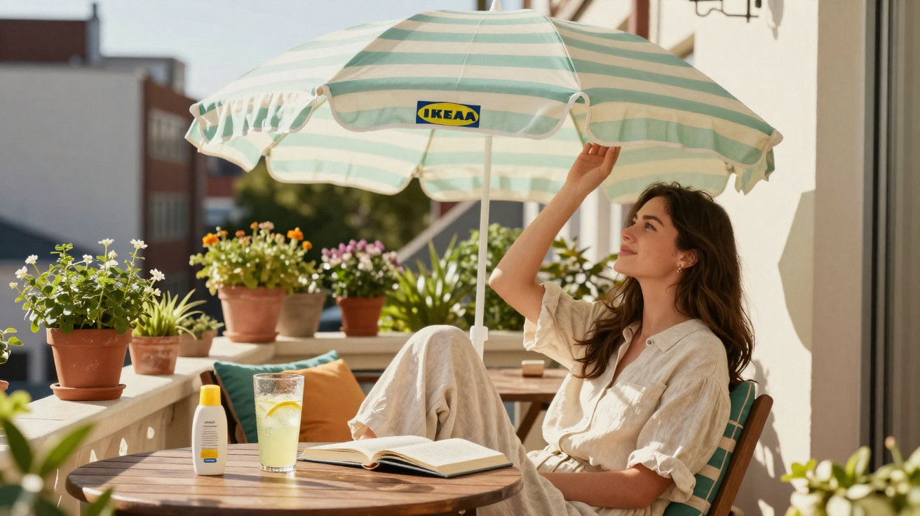 Woman sitting on balcony under striped IKEA umbrella with plants, lemon drink, sunscreen, and open book on table.