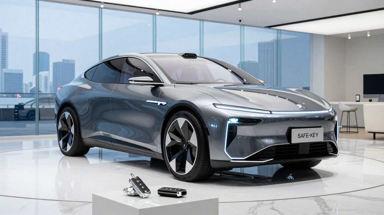 Sleek grey electric car displayed in modern showroom with cityscape view and car key fobs in foreground.