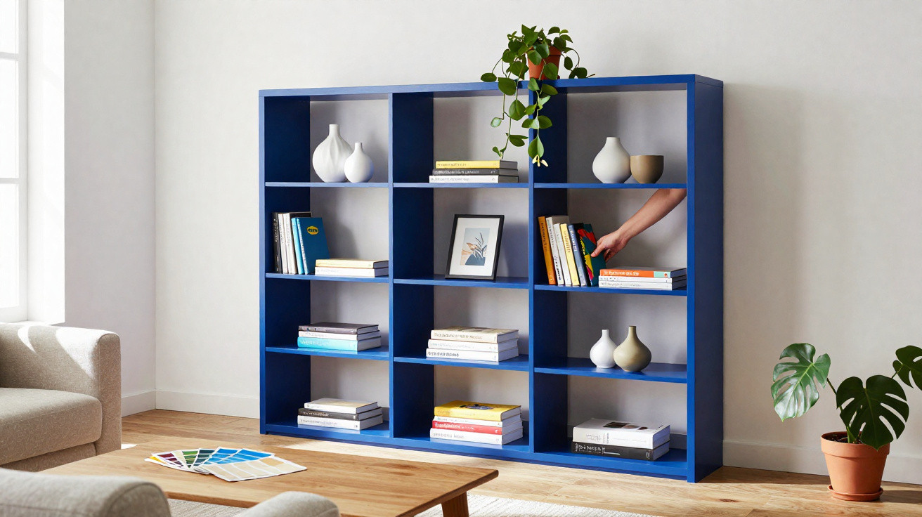 Blue bookshelf with books, decorative vases, a framed picture, and plants in a bright living room.