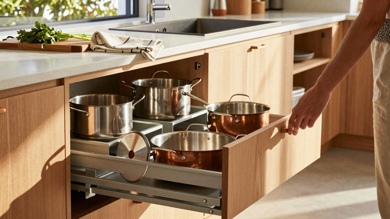 Hand opening wooden kitchen drawer with stainless steel and copper cooking pots inside beneath a countertop.