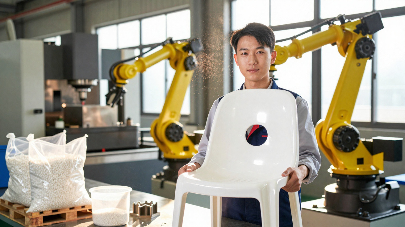 Man holding a white plastic chair in a factory with yellow robotic arms and plastic pellets in bags nearby.