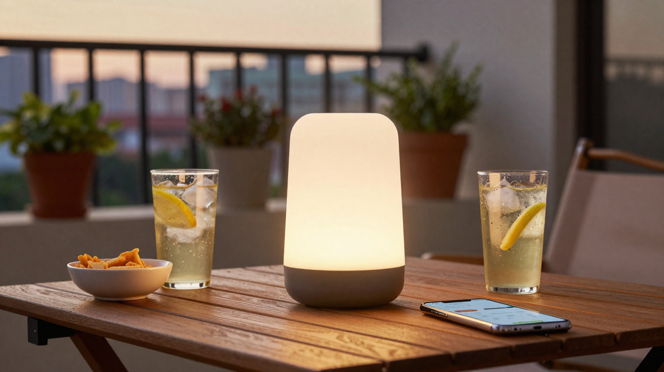 Wooden outdoor table with a glowing lamp, two glasses of lemon water, a bowl of snacks, and a smartphone.