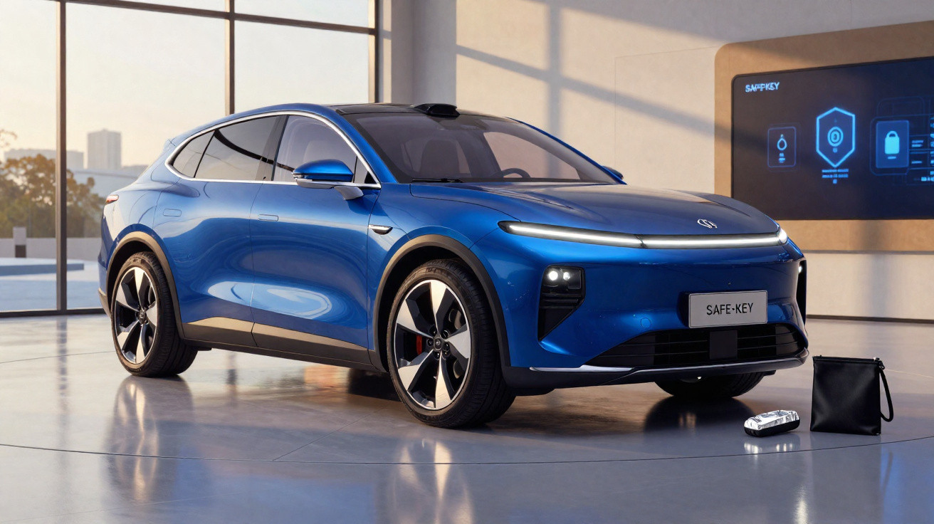 Blue electric SUV displayed indoors with large windows and digital control panel in the background.